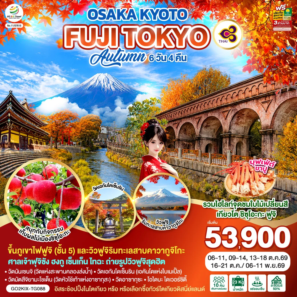 ทัวร์ญี่ปุ่น OSAKA KYOTO FUJI TOKYO  AUTUMN FRUIT PARK 6วัน 4คืน (TG)