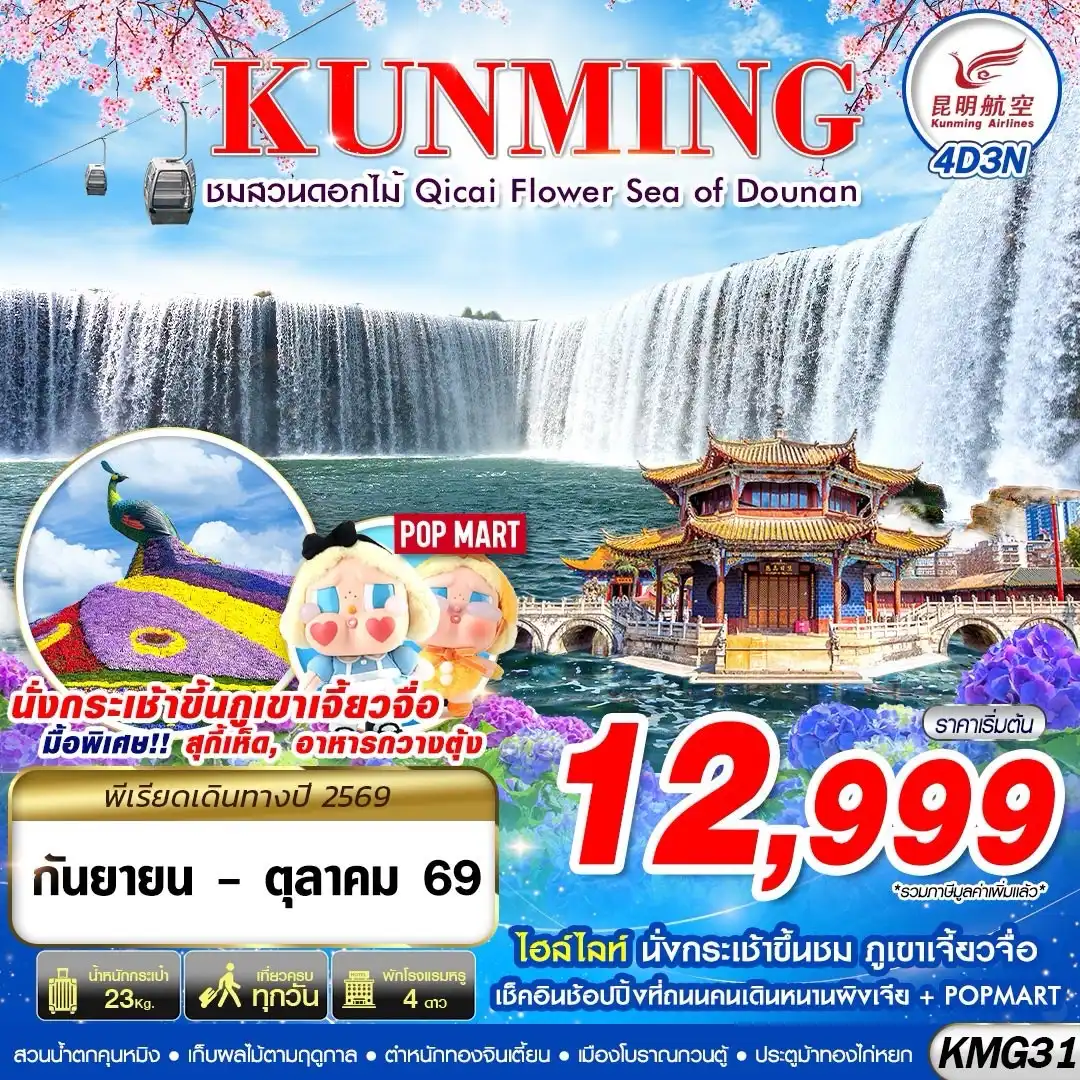 ทัวร์จีน KUNMING ภูเขาเจี้ยวจื่อ - สวนน้ำตกคุนหมิง - ชมสวนดอกไม้ 4วัน 3คืน (KY)